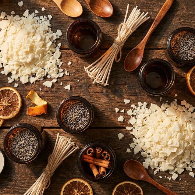 Ingredientes para fazer velas: cera, pavio, lavanda, canela