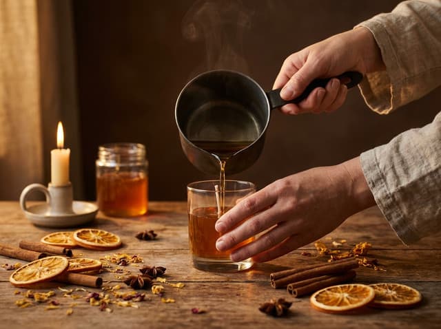 Mão derramando cera derretida em um pote de vidro para fazer vela artesanal